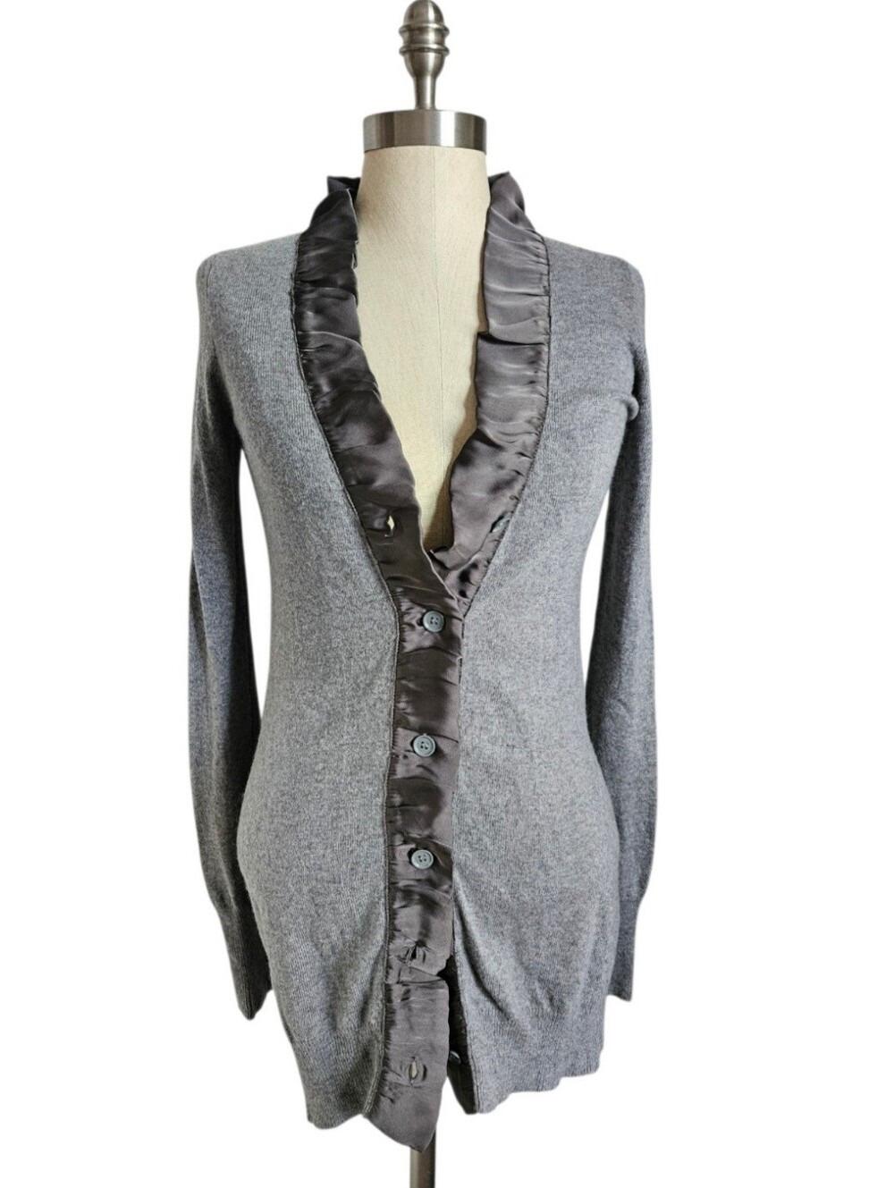 J.CREW Grey Ruffle Satin Trim Long Knit Cardigan Sweater Cashmere Blend | SZ XS